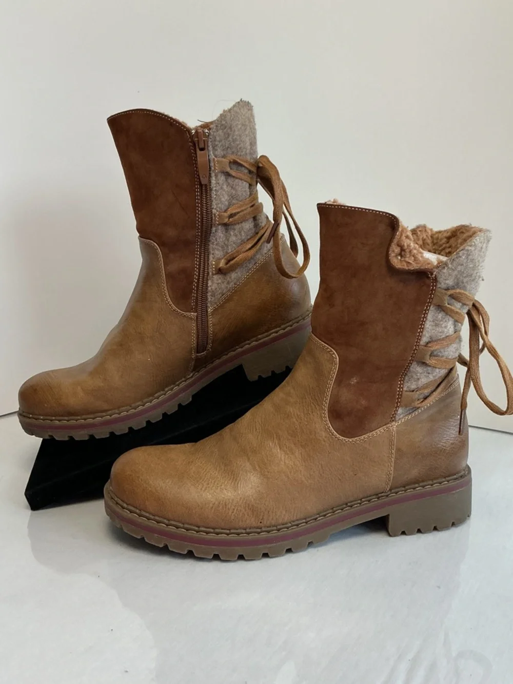 Patrizia Dawna Camel Multi Faux Fur Lace-Up Ankle Boots Size 8